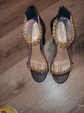 Nicole Miller GUC Black Heels with Clear PVC Straps and Gold Chain Detail